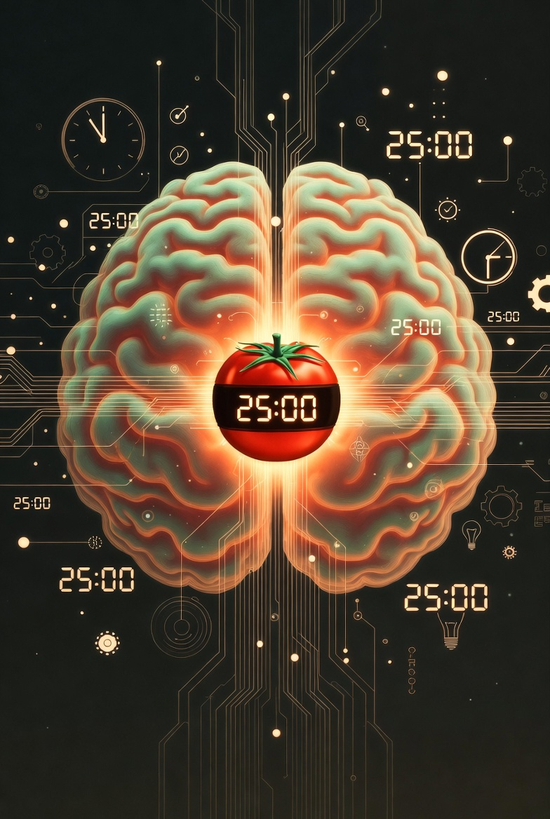 A timer next to a notebook on a clean desk